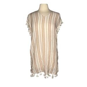 Beige White Vertical Stripe VNeck Cover Up Tasel Sleeves and Bottom K11
